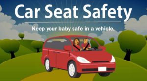 couple riding in van with phrase "car seat safety" "keep your baby safe in a vehicle"