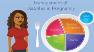 woman with fork and plate broken down into 4 groups; proteins, general guidelines, fats, and carbs with phrase "management of diabetes in pregnancy"