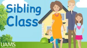 family standing in front of house with phrase "sibling class"