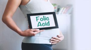pregnant woman holding sign with phrase "folic acid"