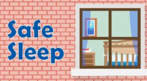 brick wall with window and baby crib inside with phrase "safe sleep"